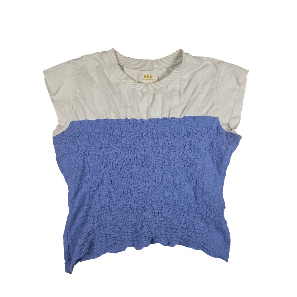 Maeve Anthropologie Smocked Muscle Top Textured Colorblock Medium Blue White